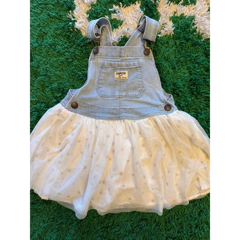 OshKosh B'gosh Overall Jumper Dress Toddler Blue White Excellent Gold Star Tutu